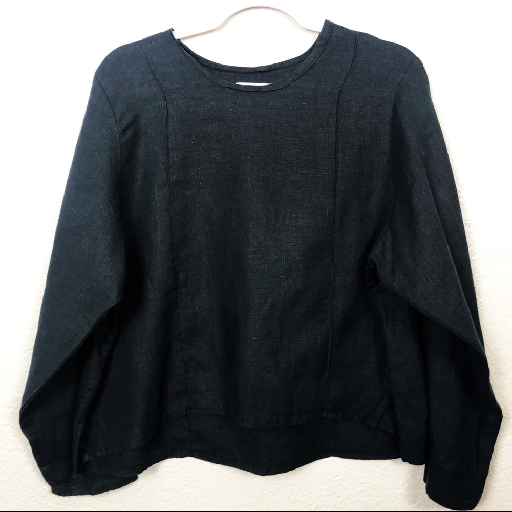 FLAX Blk Long Sleeve Top, 100% Linen S